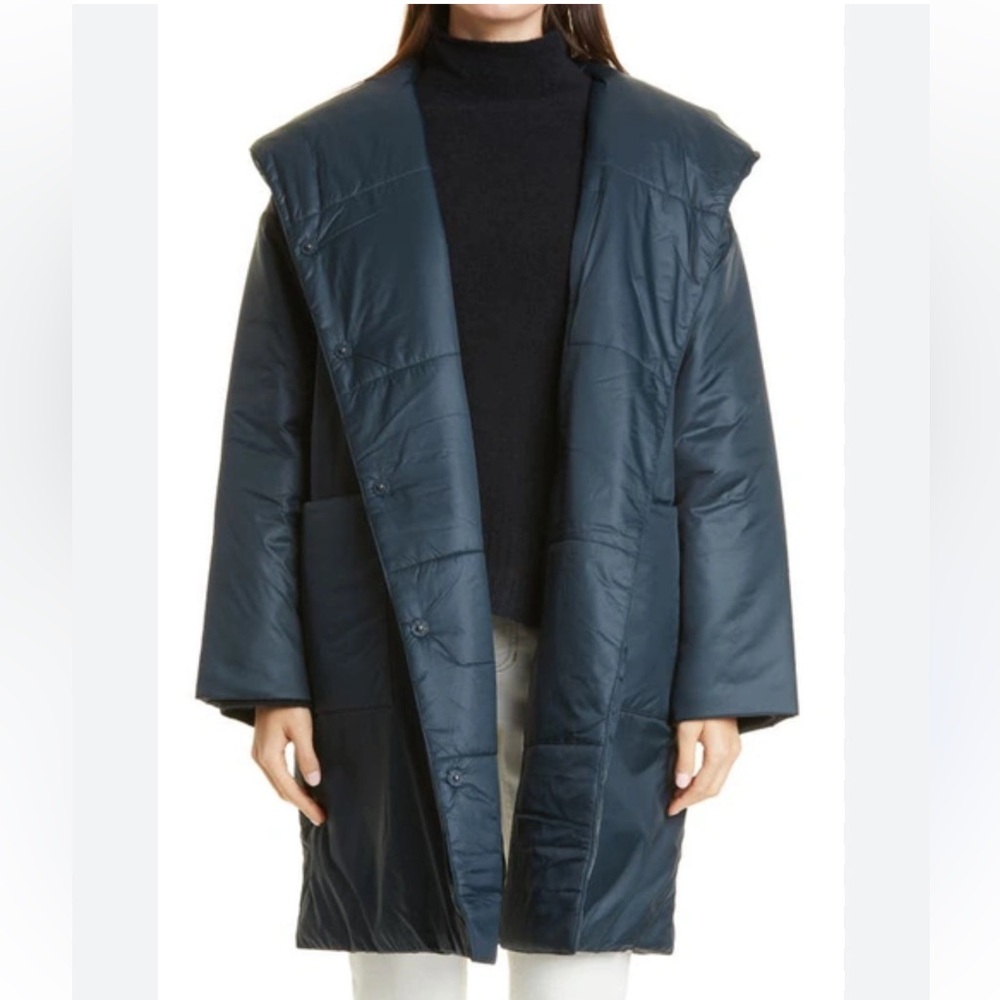 Eileen Fisher Ivy Green Eggshell Nylon Shawl Hoodie Puffer Coat